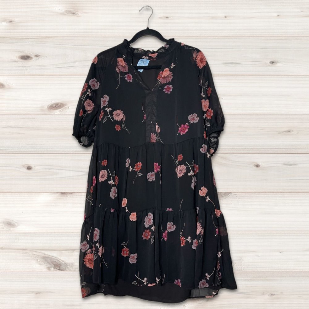 CeCe Women's Black Floral Short Sleeve Baby Doll Dress Size L